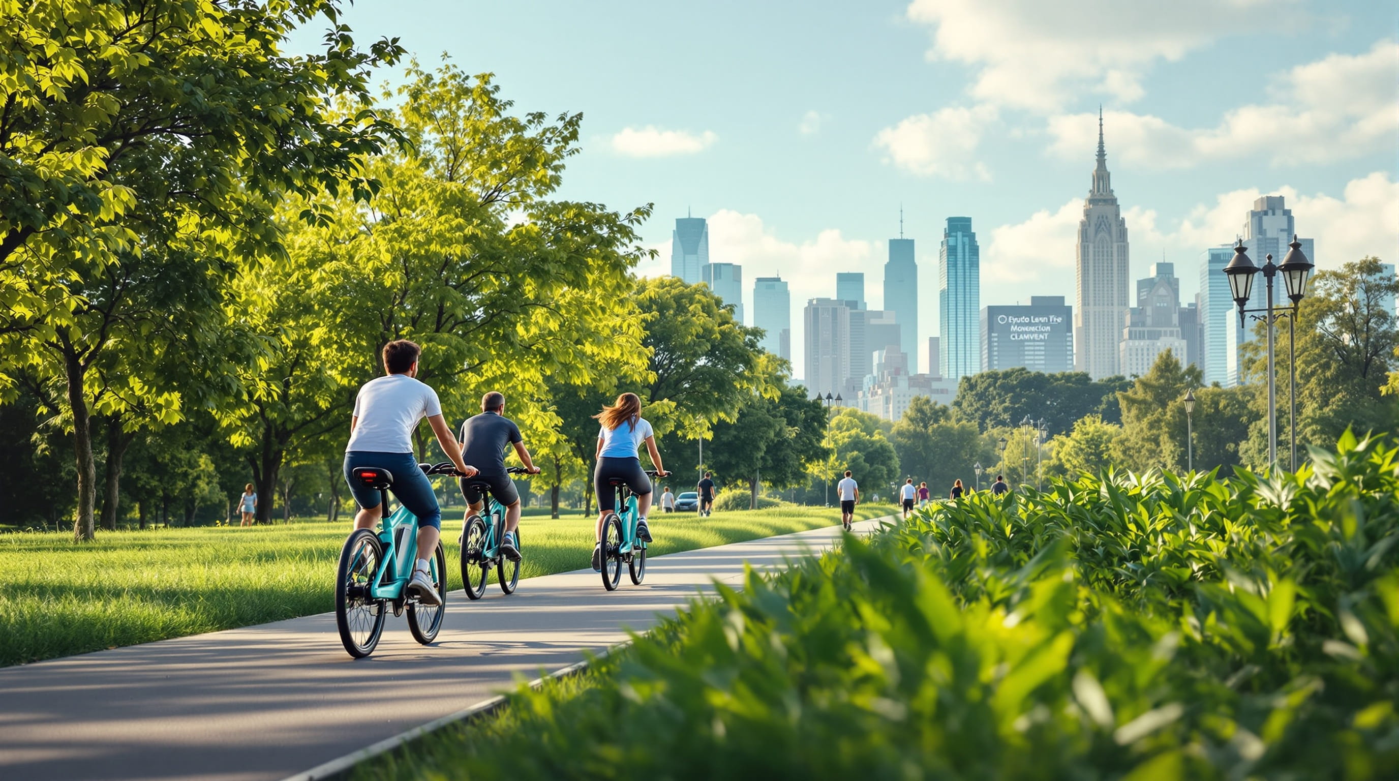 Electric mobility riders in a green city park
